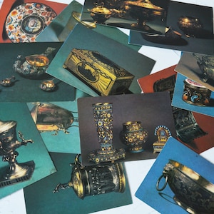 Blanco vintage ansichtkaarten set van 14, oude ansichtkaarten met fotografie van museumexpositie