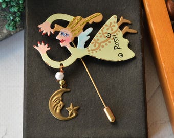 Vintage Rossi Fairy Stick pin, Angel Moon Charm Brooch, Fairycore Gift