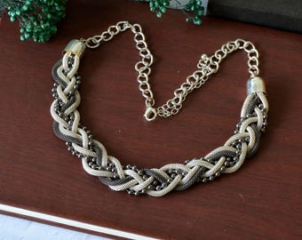 Vintage Braided Mesh Chain Bib Necklace, Gunmetal Silver Tone, 20in