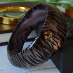Vintage lucite bangle bracelet with zebra print, Wide chunky bracelet for women, Irregular shape bracelet