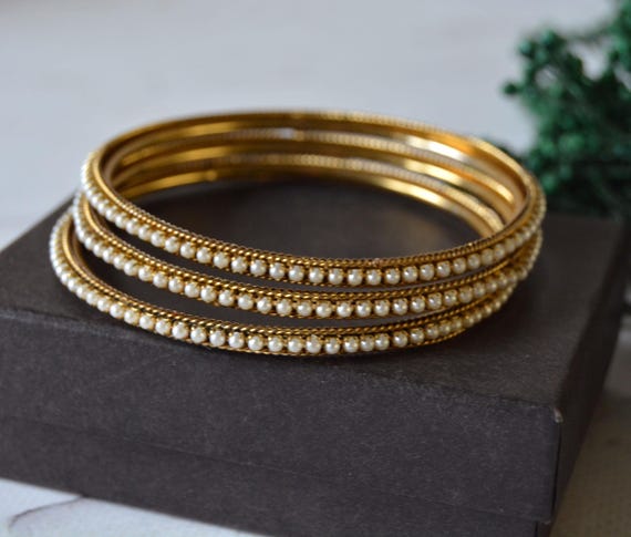Vintage tiny pearls bangles, Stack bracelets set … - image 3