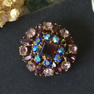 Vintage Czech glass brooch, Purple rhinestones brooch, Snowflake brooch, Costume jewelry