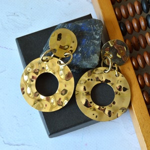 Vintage hammered metal oversized earrings, Gold tone chunky earrings, Large retro pierced earrings