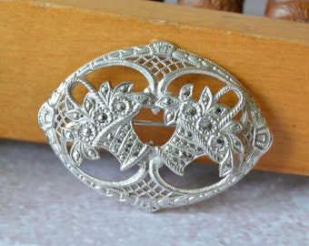 Vintage flower baskets sterling brooch, Silver brooch with marcasites