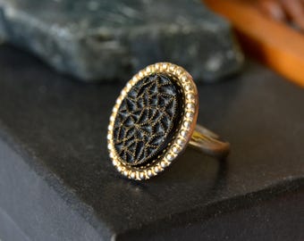 Vintage Emmons Black Statement Ring, Adjustable Gold Tone Oval Textured Gothic Ring