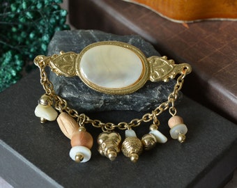 Vintage Gold Tone Dangle Brooch: Mother of Pearl & Charm Bar Brooch