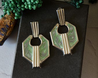 Vintage hexagon earrings with green enamel, Oversized dangle geometric earrings, Silver tone chunky studs