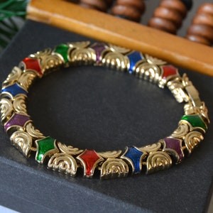 Vintage gold tone link bracelet with enamel parts, Christmas bracelet