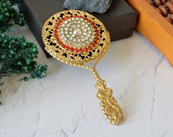 Vintage small decorative hand mirror, Ornate rhinestone mirror, Boudoir accessories