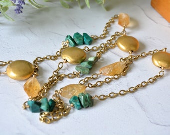 Extra long chain necklace with citrine and aventurine, Layering chain necklace, Double wrap necklace