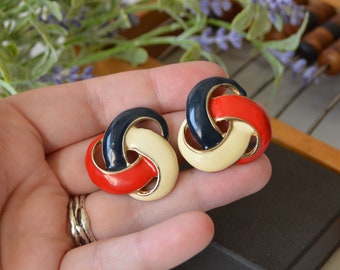 Vintage Chunky Enamel Clip On Earrings: 1980s Retro Gold Tone Clipons