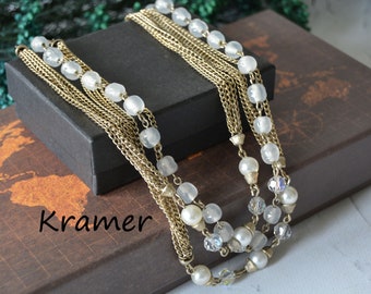 Vintage layering chain necklace signed Kramer, Multi strand chain necklace with faux pearls and clear beads
