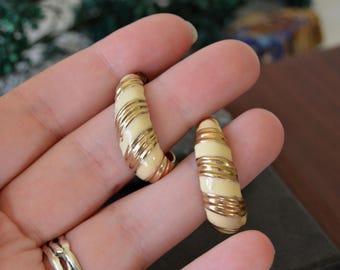 Vintage Gold Tone Hoop Earrings: Cream Enamel Retro Jewelry