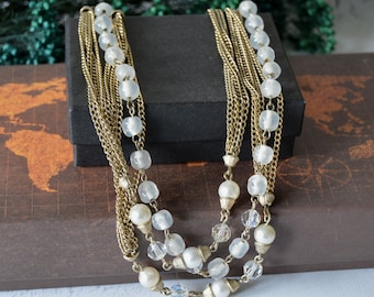 Vintage Kramer Multi-Strand Necklace: Faux Pearl & Crystal Bead Chain