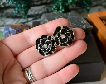 Vintage Black Enamel Flower Stud Earrings: Gold Tone Rhinestone Accents