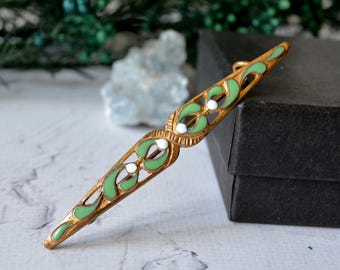 Antique Enamel Bar Brooch, Mint Green Art Nouveau Style Pin, Early C Catch Brooch