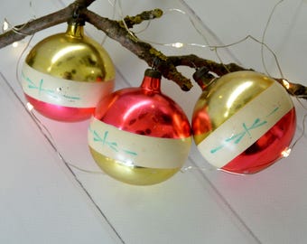 Vintage Mercury Glass Christmas Baubles: Gold, Pink & White Ornaments, Set of 3
