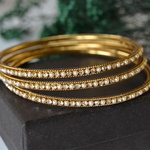 Vintage bangles set of 3, Gold tone shiny bracelet rhinestones tiny pearls, Festive bracelets