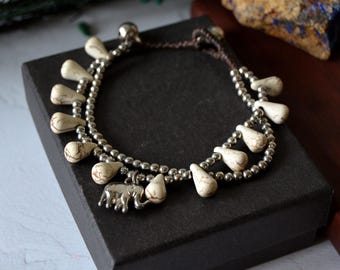 Vintage Elephant Charm Bracelet: Silver Tone Beads, Jasper Style Teardrops