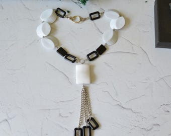 Vintage Black White Geometric Choker Necklace, Modernist Acrylic Statement Choker, Art Deco Inspired Jewelry