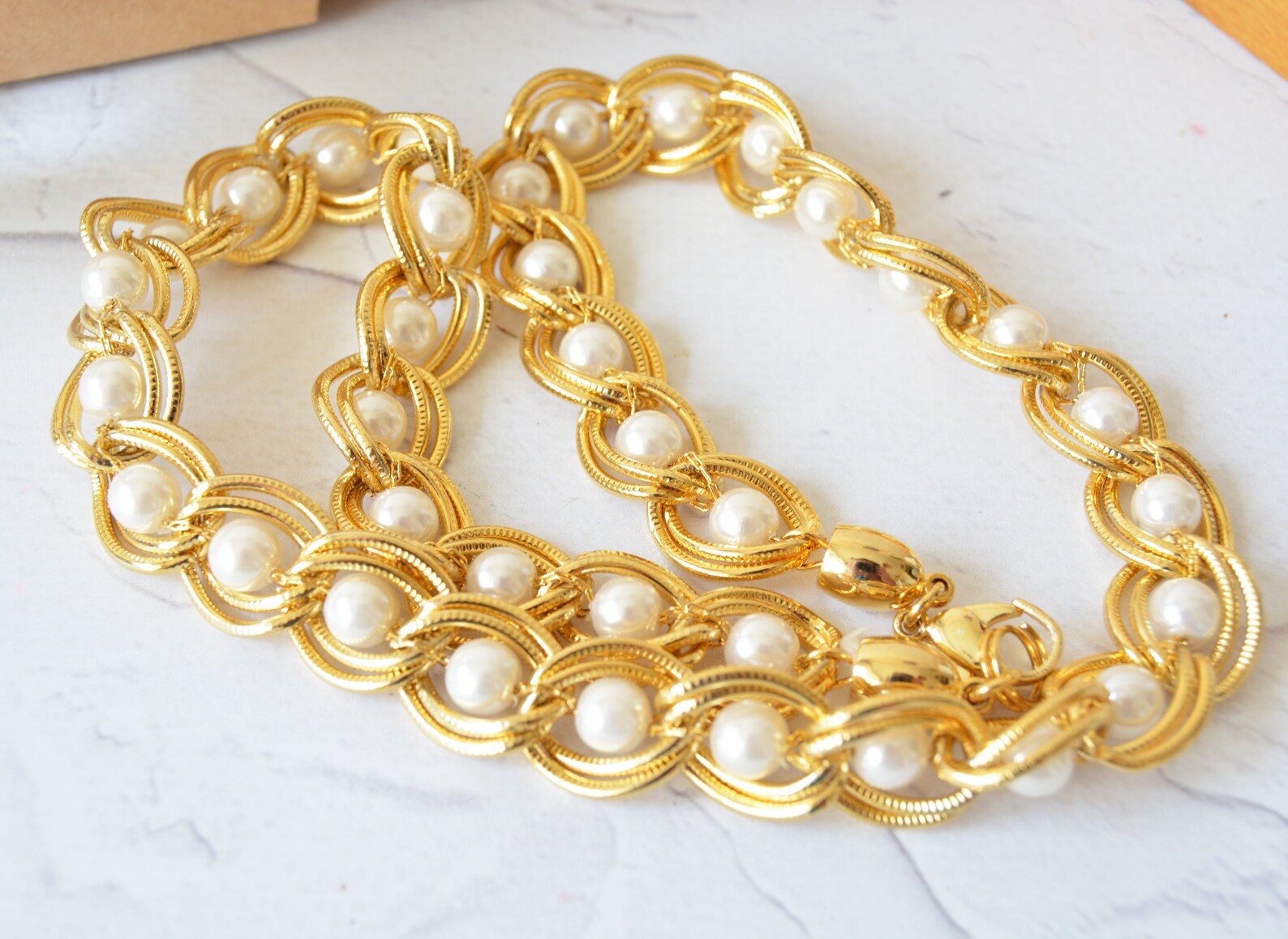 Vintage choker Twisted link chain necklace with pearls Gold Etsy