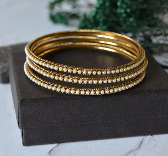 Vintage tiny pearls bangles, Stack bracelets set … - image 1