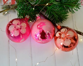 Vintage Mercury Glass Christmas Ornaments: Pink & Red Floral Baubles, Set of 3