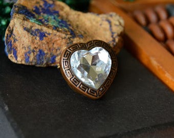 Vintage Heart Button Cover: Copper Greek Ornament Cabochon, 1970s