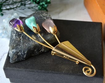 Vintage Floral Brooch Gems, Gold Tone Flower Pin, Oversized Gemstone Bouquet Brooch