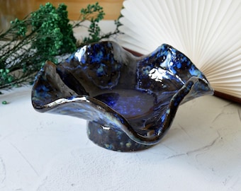 Vintage Studio Pottery Bowl, Blue Drip Glaze Ceramic Dish, Boho Home Decor