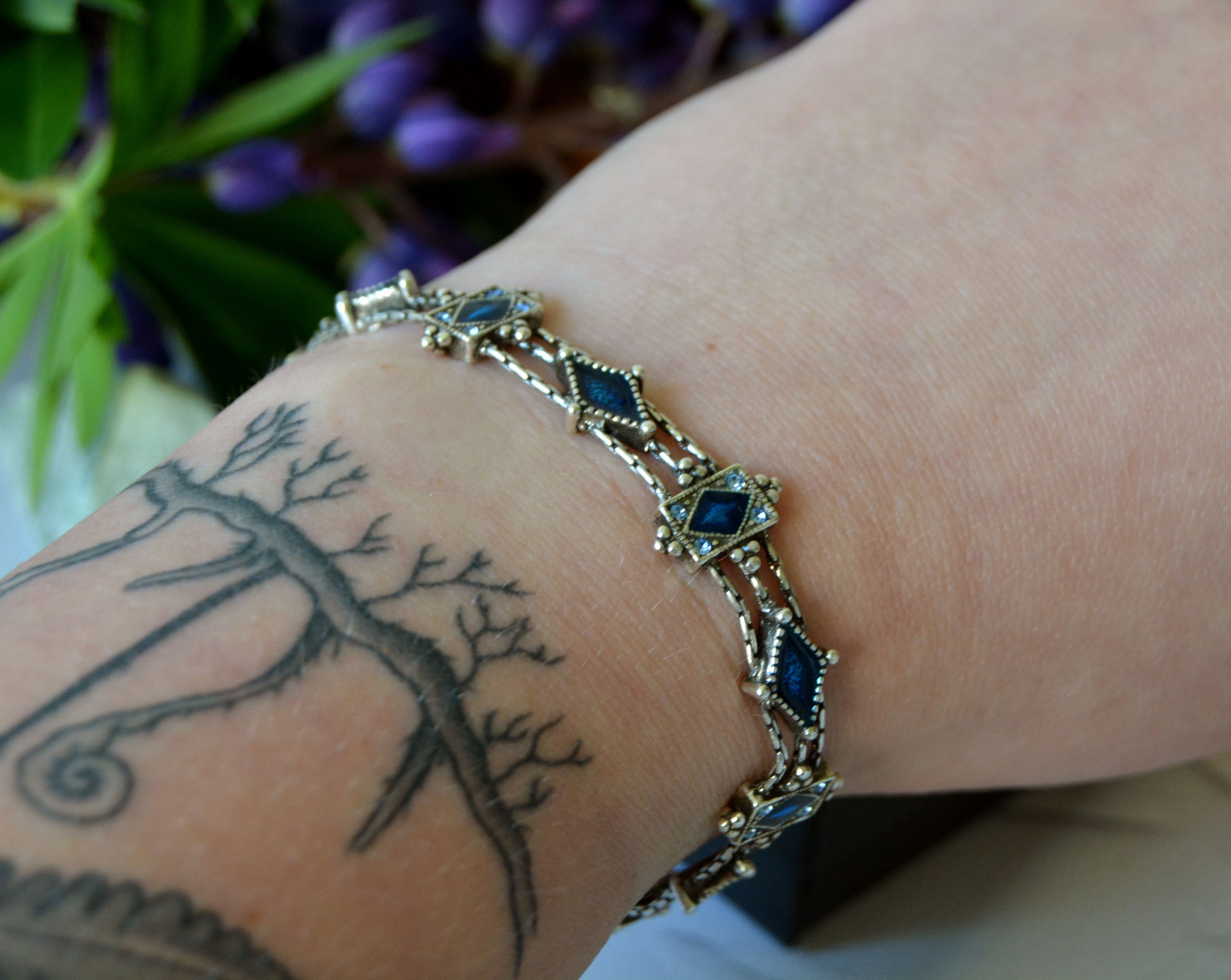 Vintage Napier Bracelet With Blue Enamel, Silver Tone Chain