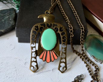 Vintage Dayaday Thunderbird Necklace, Signed Figural Pendant, Boho Southwestern Jewelry