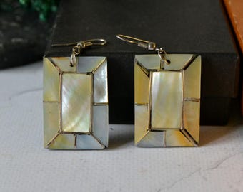 Vintage Chunky Earrings with Mother Of Pearl, Window Style Inlay Dangle Earrings