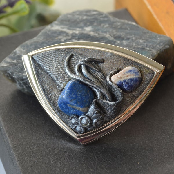 Vintage artisan brooch with lapis lazuli, Silver tone art deco brooch, Signed MJ Handarbeit