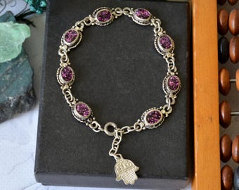Vintage Hamsa Charm Bracelet: Silver Tone Enamel Link Bracelet - Pick your Color