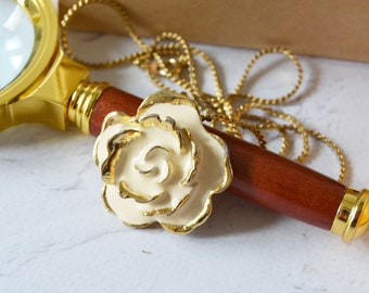 Vintage rose necklace, Flower pendant gold tone with enamel