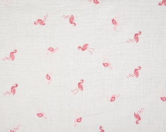 0.5 m muslin, white with embroidered flamingos