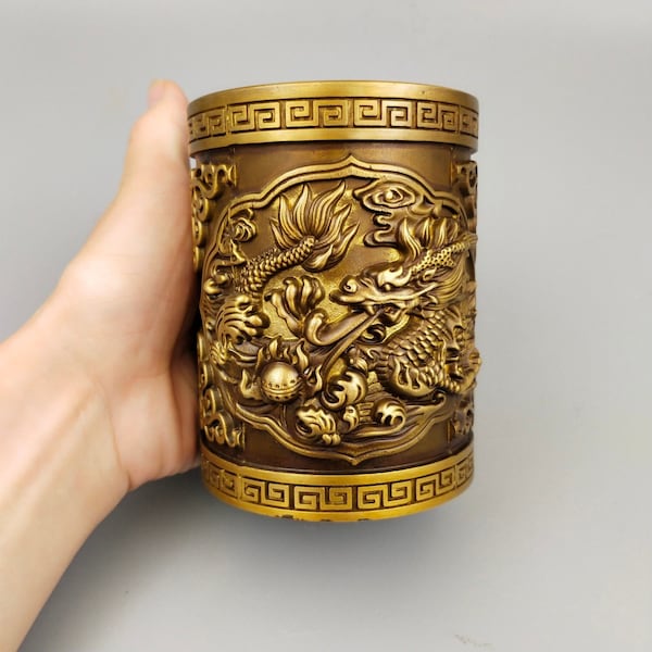 Pure copper pen holder dragon pen holder brass casting antique pen holder study decoration gift