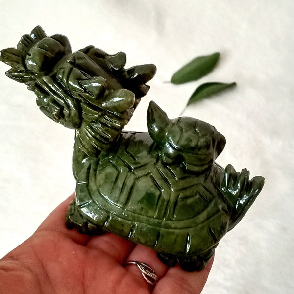 Chinese Natural  green Jade  Dragon turtle Statue    / Feng Shui Decoration for Living Room Office