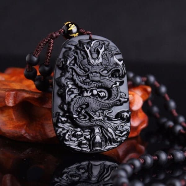 Natural obsidian carved dragon amulet pendant  A474