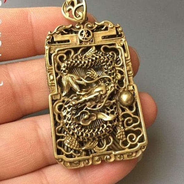 Ancient Chinese brass hand-carved Dragon pendant, Hollow out  amulet pendant, Men's personality vintage pendant  A87