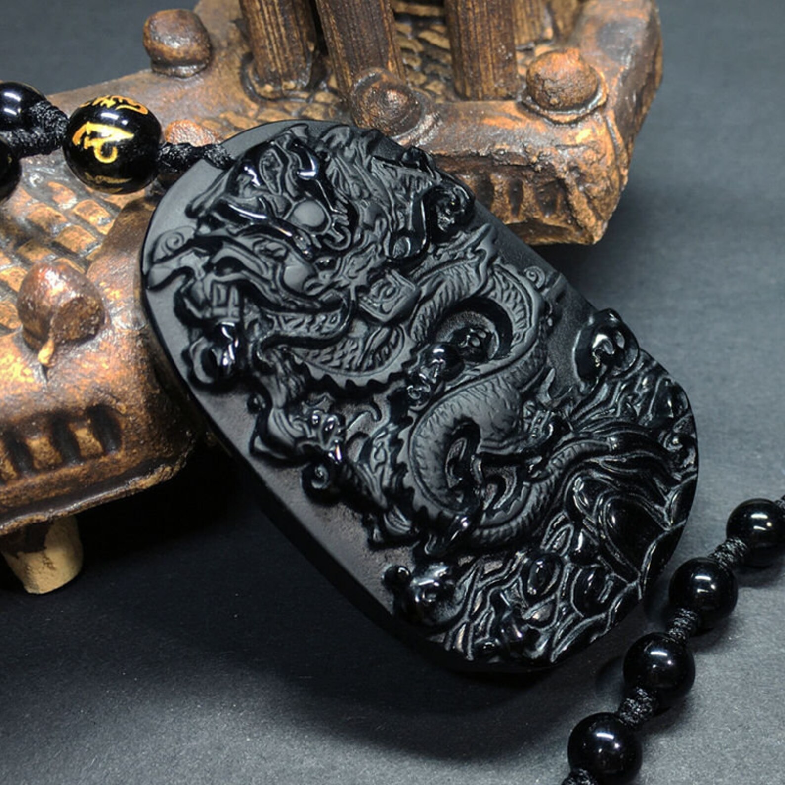 Natural obsidian carved dragon amulet pendant A474 | Etsy