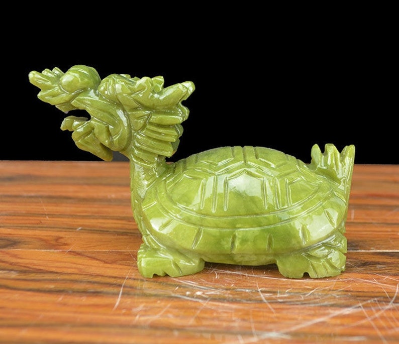 Chinese Natural green Jade Dragon turtle Statue / Feng Shui Decoration for Living Room Office image 1