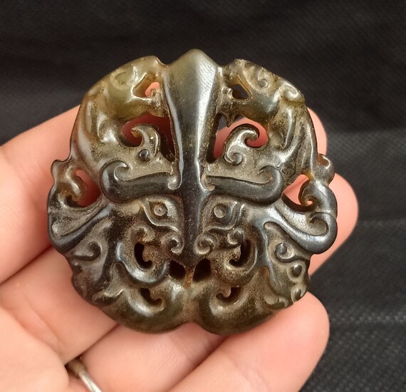 Exquisite China Old jade Hand carved Double-sided double dragon Pendant 02 