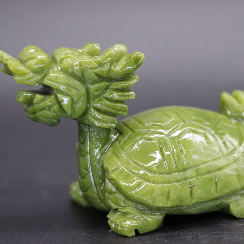 Chinese Natural green Jade Dragon turtle Statue / Feng Shui Decoration for Living Room Office image 6
