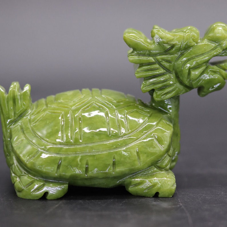 Chinese Natural green Jade Dragon turtle Statue / Feng Shui Decoration for Living Room Office image 4