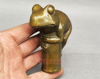 Chinese vintage brass hand carved frog cane head, old man gift   W