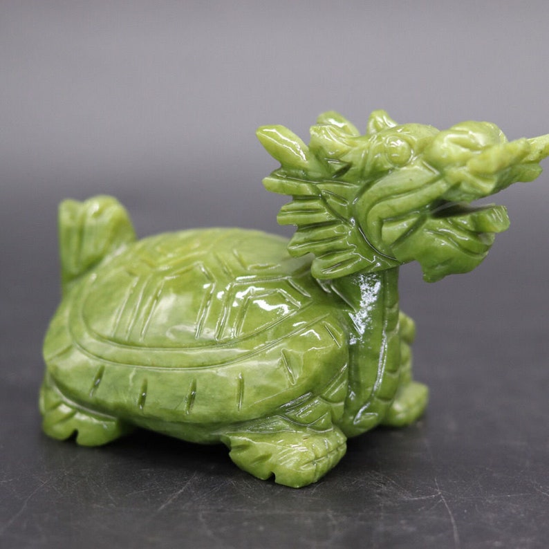 Chinese Natural green Jade Dragon turtle Statue / Feng Shui Decoration for Living Room Office image 3