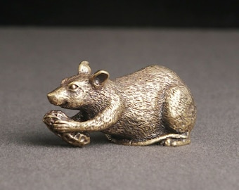 Pure brass Tea Pet rat Sculpture/Home Desk Ornament A830