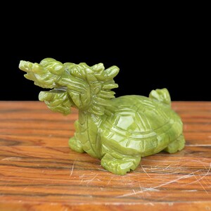 Chinese Natural green Jade Dragon turtle Statue / Feng Shui Decoration for Living Room Office image 2